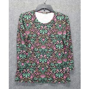 J.Mclaughlin Floral Print 3/4 Sleeve Top Scuba Medium Black/Green Crew Neck